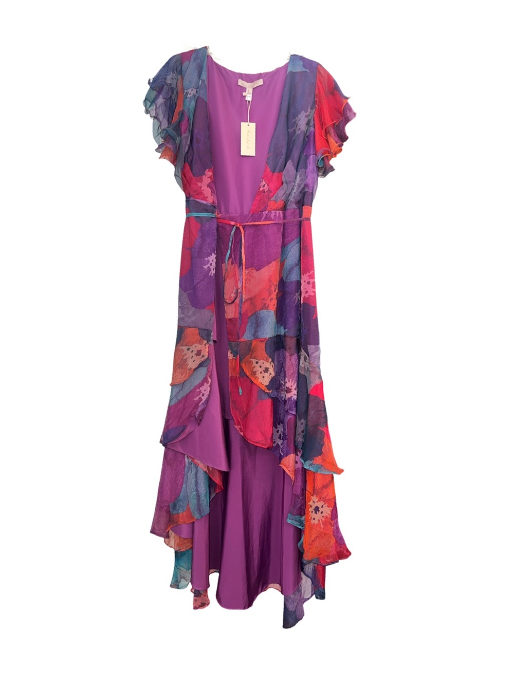 Hutch Whitlee Floral Chiffon High-Low Ruffle Maxi Dress Purple/Multi Large New